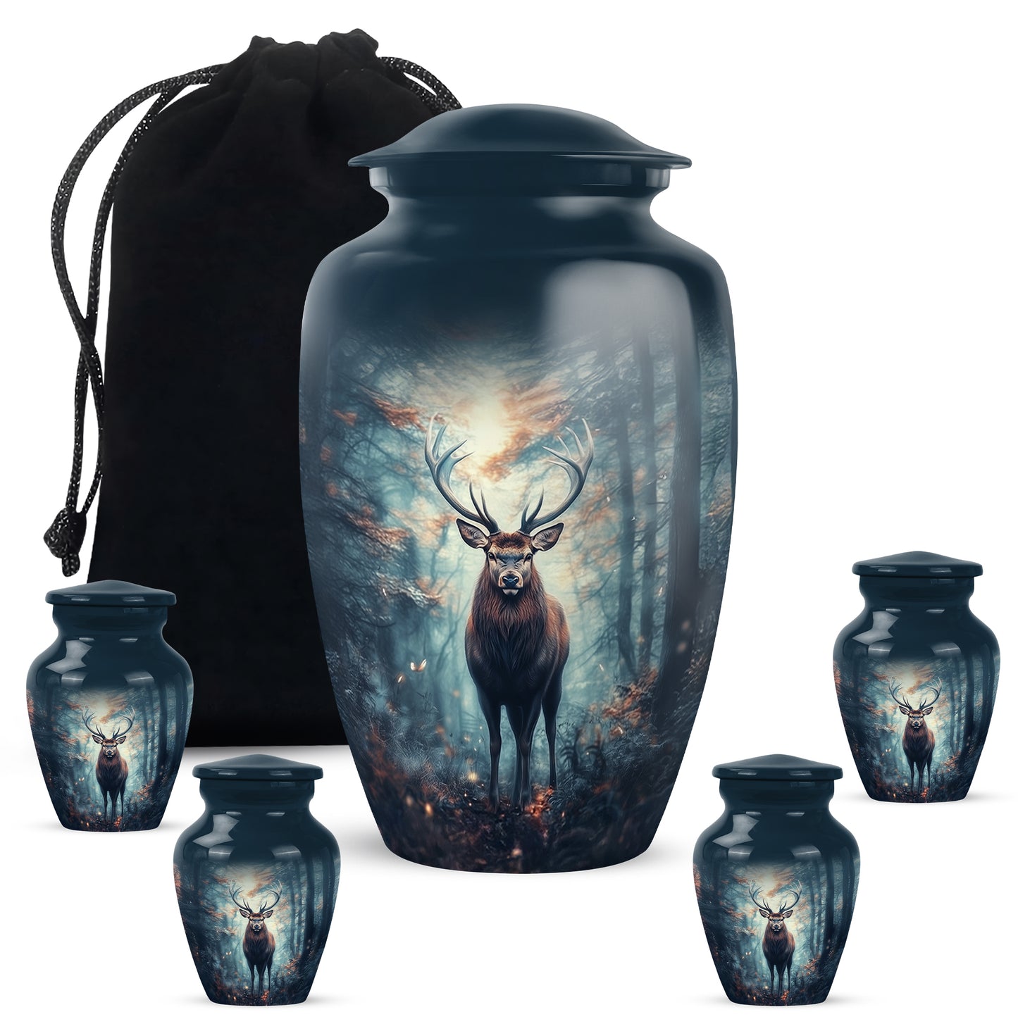 Navy Blue Deer Cremation Urn top-down view of secure threaded lid - classic sculpted deer pattern on smooth aluminum - memorial set with one large and four small urns