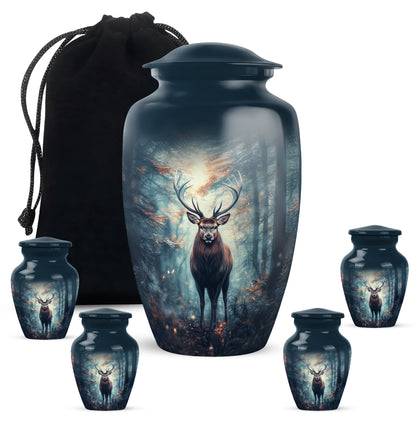 Navy Blue Deer Cremation Urn top-down view of secure threaded lid - classic sculpted deer pattern on smooth aluminum - memorial set with one large and four small urns