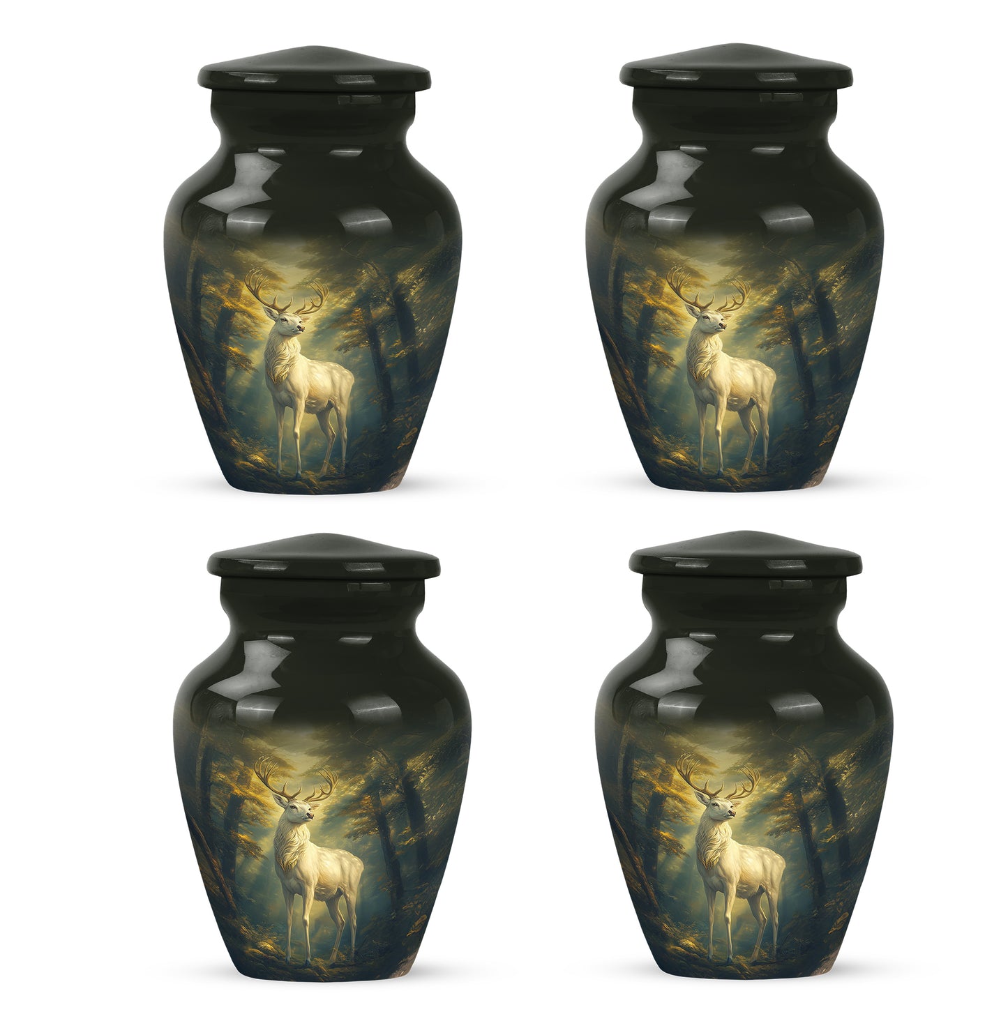 Charcoal Black Deer Cremation Urn side profile showing urn shape - traditional deer engraving with hand-polished finish - 10 inch aluminum urn for cremated remains