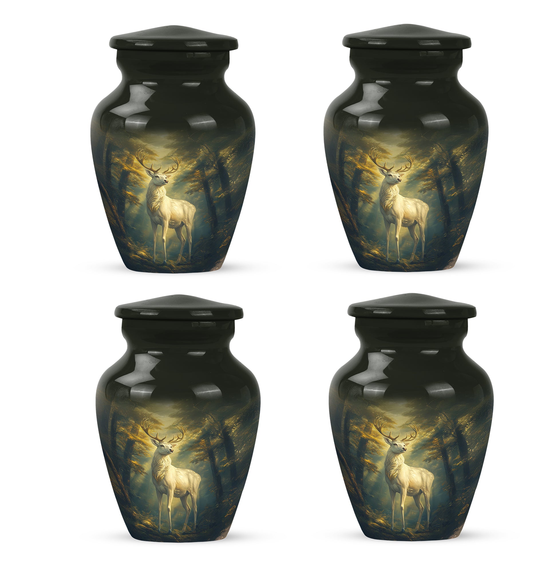 Charcoal Black Deer Cremation Urn side profile showing urn shape - traditional deer engraving with hand-polished finish - 10 inch aluminum urn for cremated remains