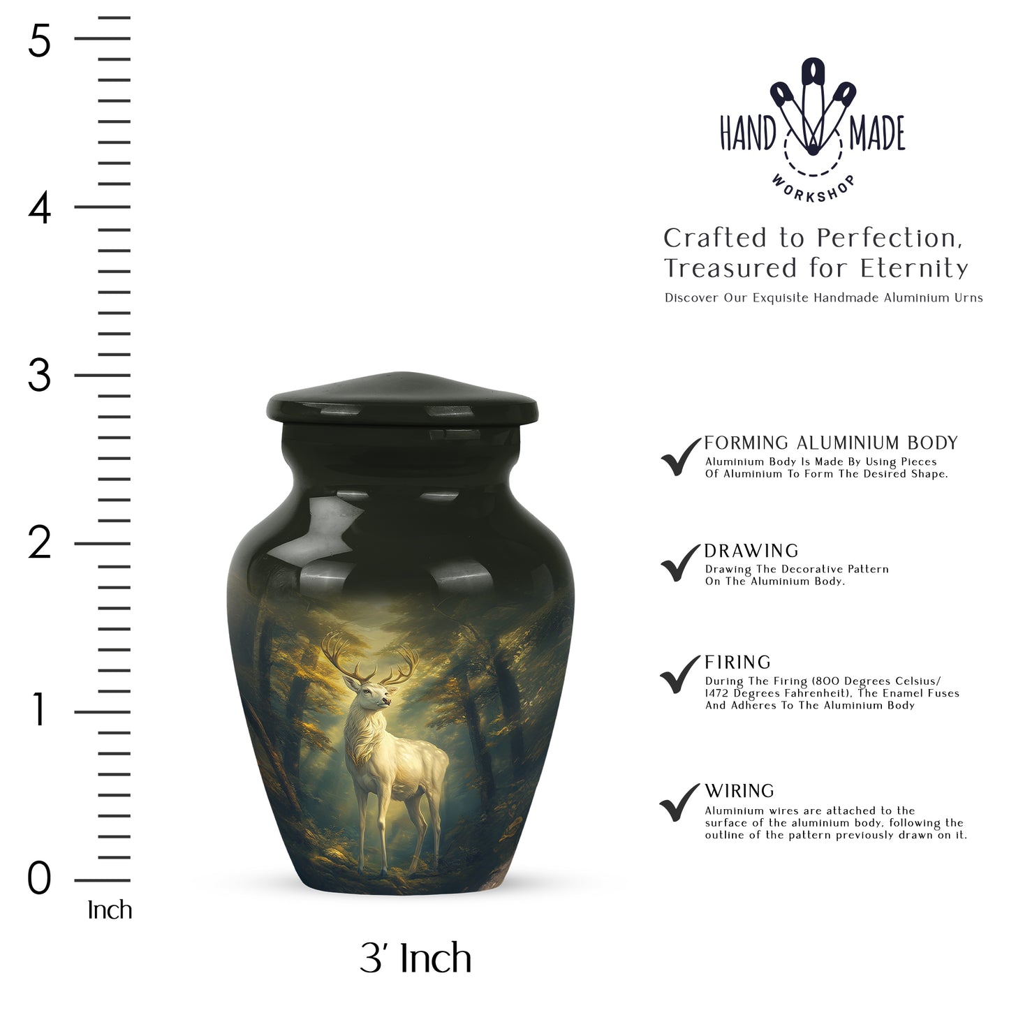 Onyx Black Deer Cremation Urn close-up of engraving and surface detail - traditional deer engraving with hand-polished finish - mini keepsake memorial for portion of cremation ashes