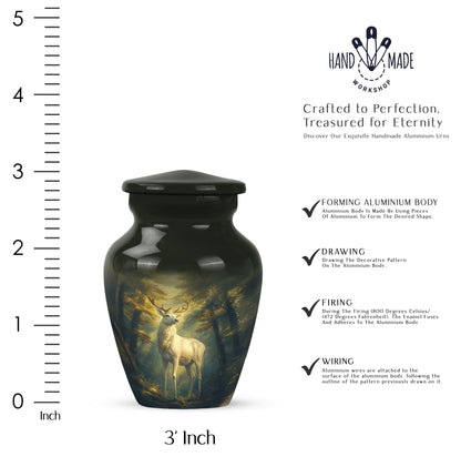 Onyx Black Deer Cremation Urn close-up of engraving and surface detail - traditional deer engraving with hand-polished finish - mini keepsake memorial for portion of cremation ashes