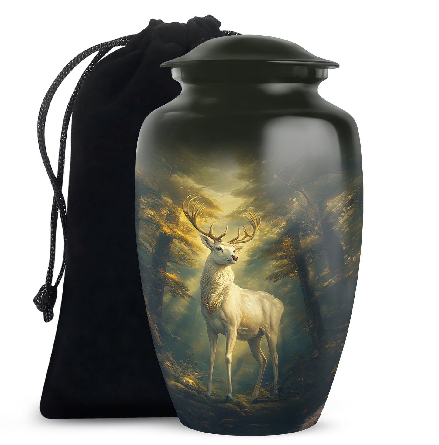 Obsidian Black Deer Cremation Urn angled view of lid and engraved motif - traditional deer engraving with hand-polished finish - full-size 10 inch 200 cubic inch adult cremation urn