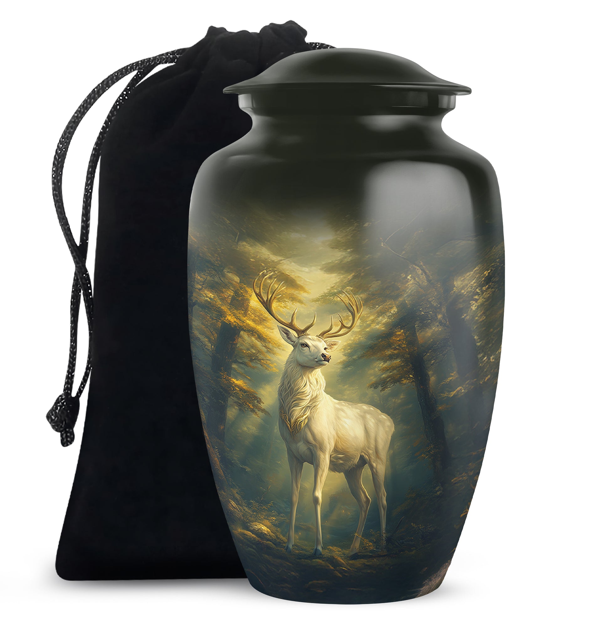 Obsidian Black Deer Cremation Urn angled view of lid and engraved motif - traditional deer engraving with hand-polished finish - full-size 10 inch 200 cubic inch adult cremation urn