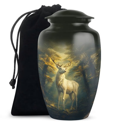 Obsidian Black Deer Cremation Urn angled view of lid and engraved motif - traditional deer engraving with hand-polished finish - full-size 10 inch 200 cubic inch adult cremation urn