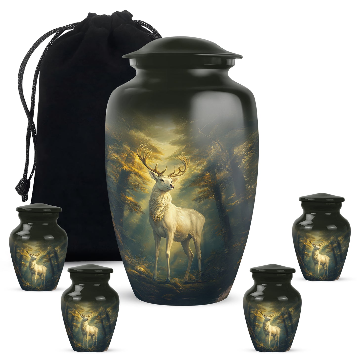 Obsidian Black Deer Cremation Urn top-down view of secure threaded lid - elegant classic deer relief with fine detailing - memorial set with one large and four small urns