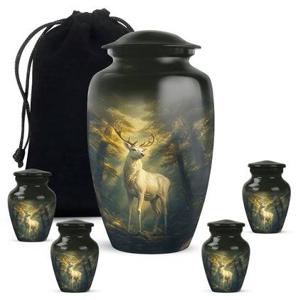 Obsidian Black Deer Cremation Urn top-down view of secure threaded lid - elegant classic deer relief with fine detailing - memorial set with one large and four small urns