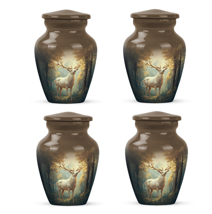Burnished Gold Deer Cremation Urn side profile showing urn shape - traditional deer engraving with hand-polished finish - 10 inch aluminum urn for cremated remains