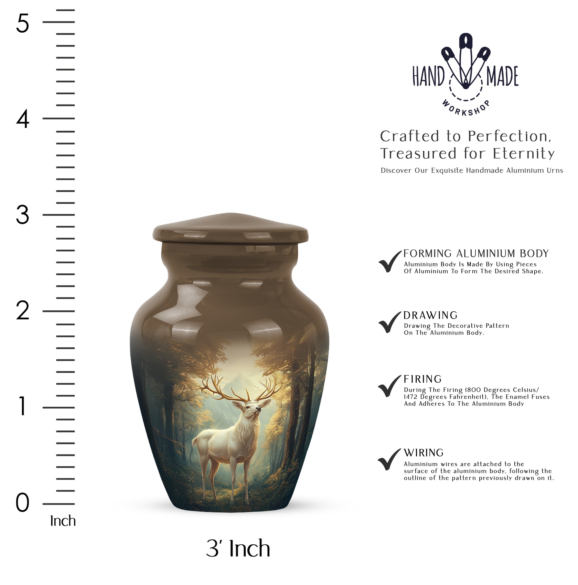 Amber Gold Deer Cremation Urn close-up of engraving and surface detail - timeless deer motif etched into premium metal - mini keepsake memorial for portion of cremation ashes