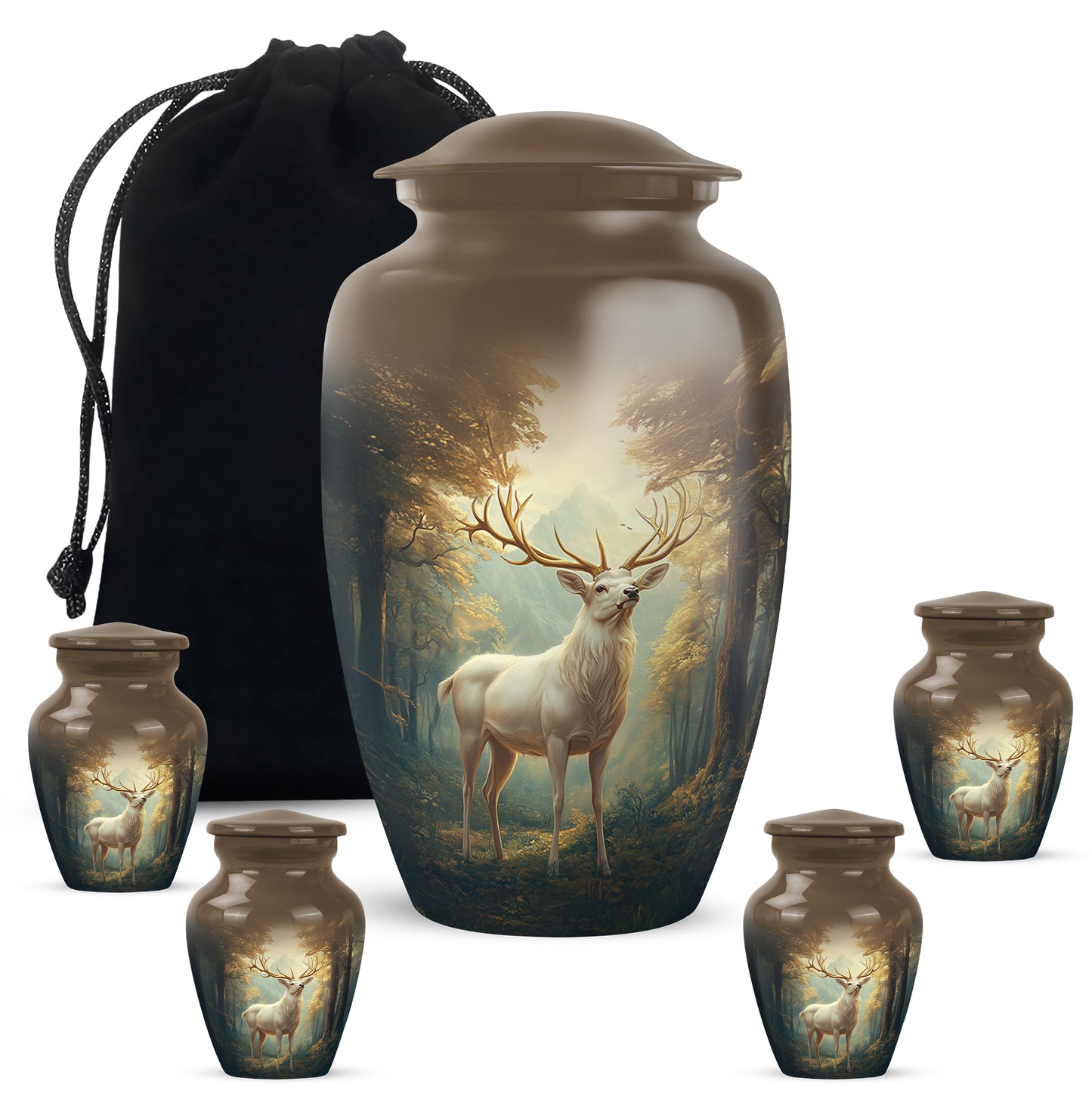 Matte Gold Deer Cremation Urn top-down view of secure threaded lid - traditional deer engraving with hand-polished finish - memorial set with one large and four small urns