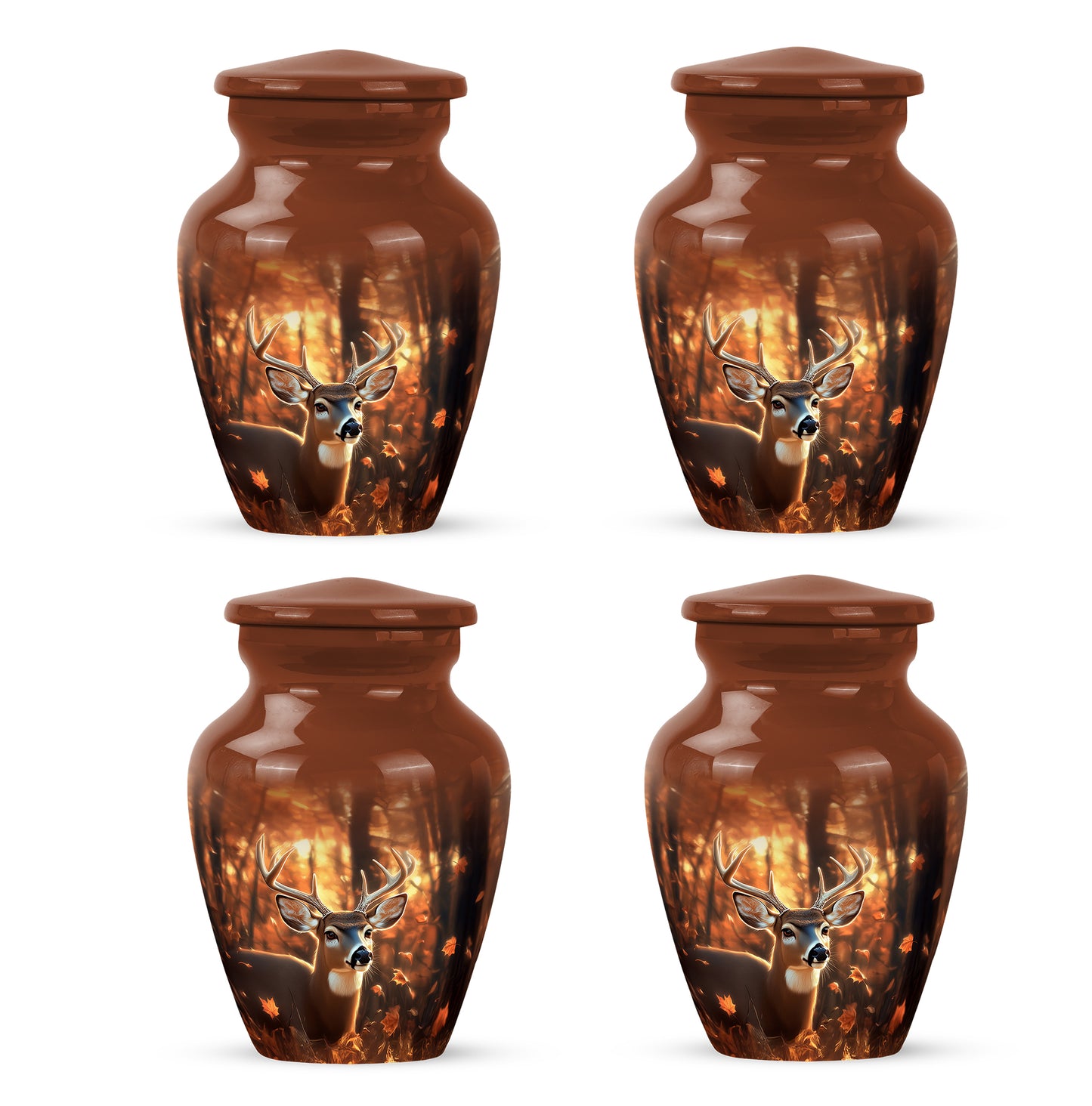 Harvest Gold Deer Cremation Urn side profile showing urn shape - traditional deer engraving with hand-polished finish - 10 inch aluminum urn for cremated remains