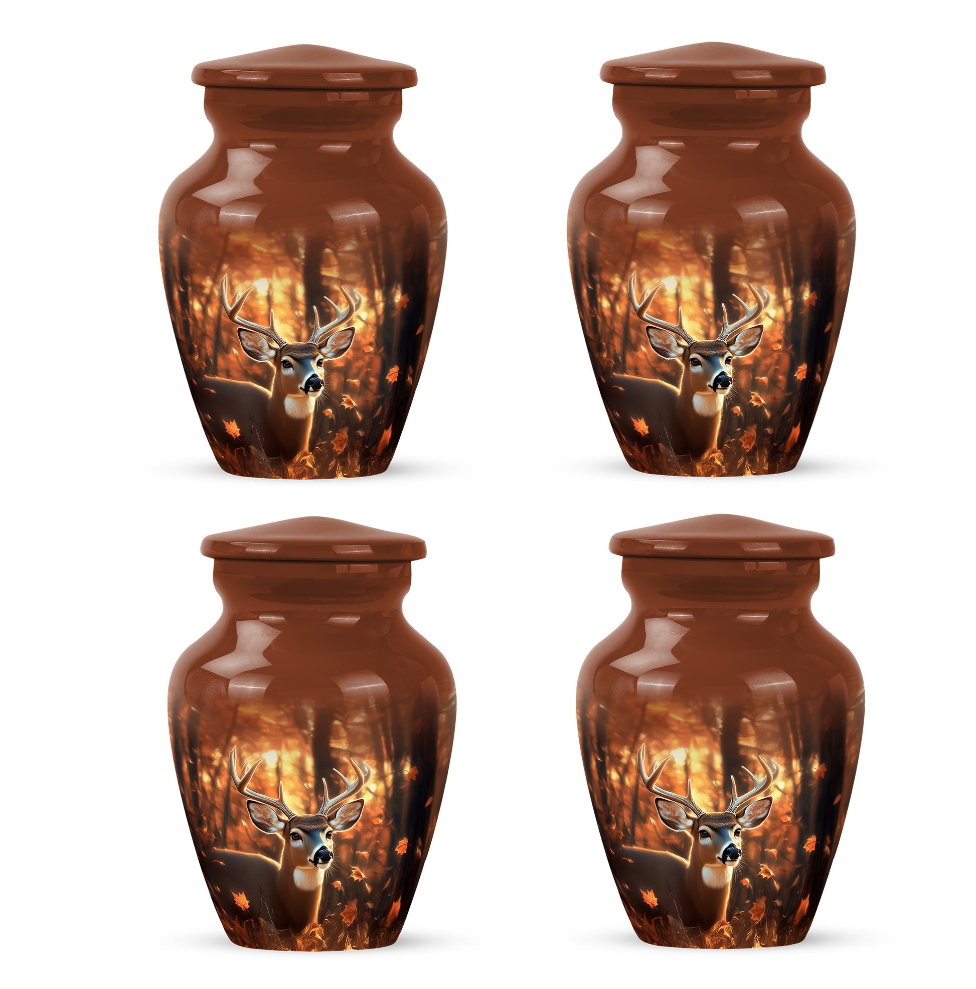 Harvest Gold Deer Cremation Urn side profile showing urn shape - traditional deer engraving with hand-polished finish - 10 inch aluminum urn for cremated remains