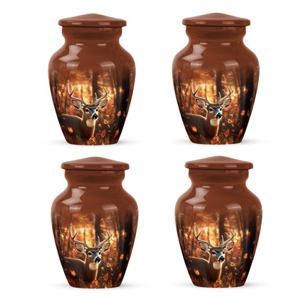 Harvest Gold Deer Cremation Urn side profile showing urn shape - traditional deer engraving with hand-polished finish - 10 inch aluminum urn for cremated remains