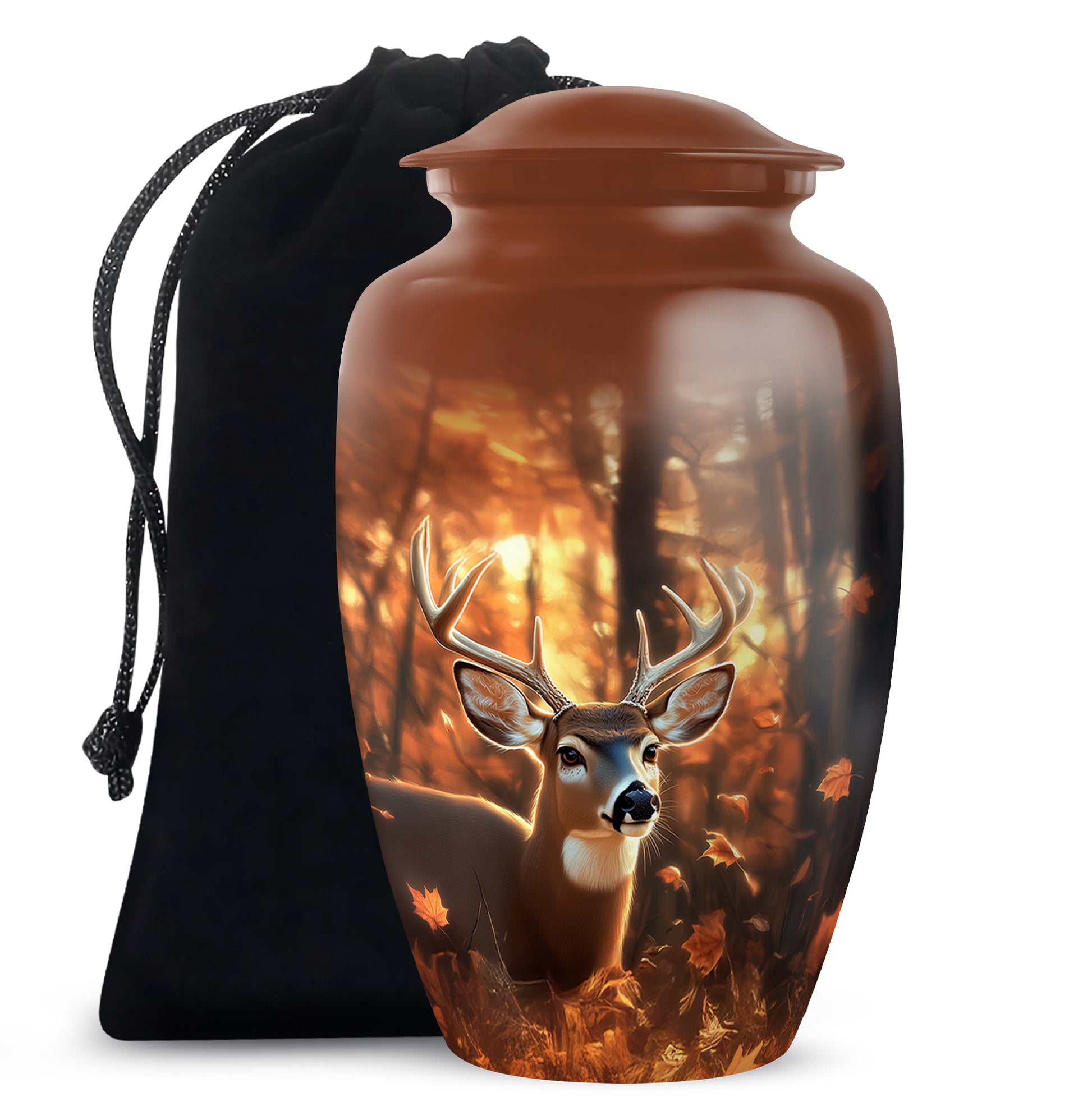 Sunrise Gold Deer Cremation Urn angled view of lid and engraved motif - timeless deer motif etched into premium metal - full-size 10 inch 200 cubic inch adult cremation urn