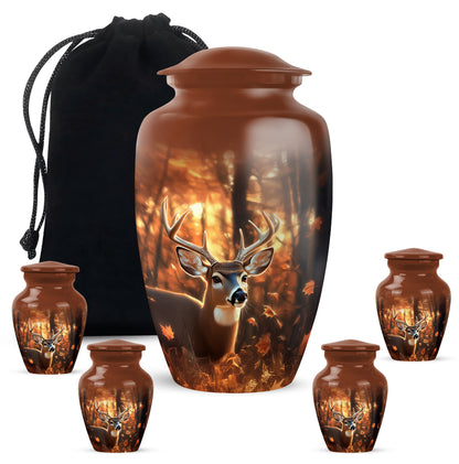 Matte Gold Deer Cremation Urn top-down view of secure threaded lid - elegant classic deer relief with fine detailing - memorial set with one large and four small urns