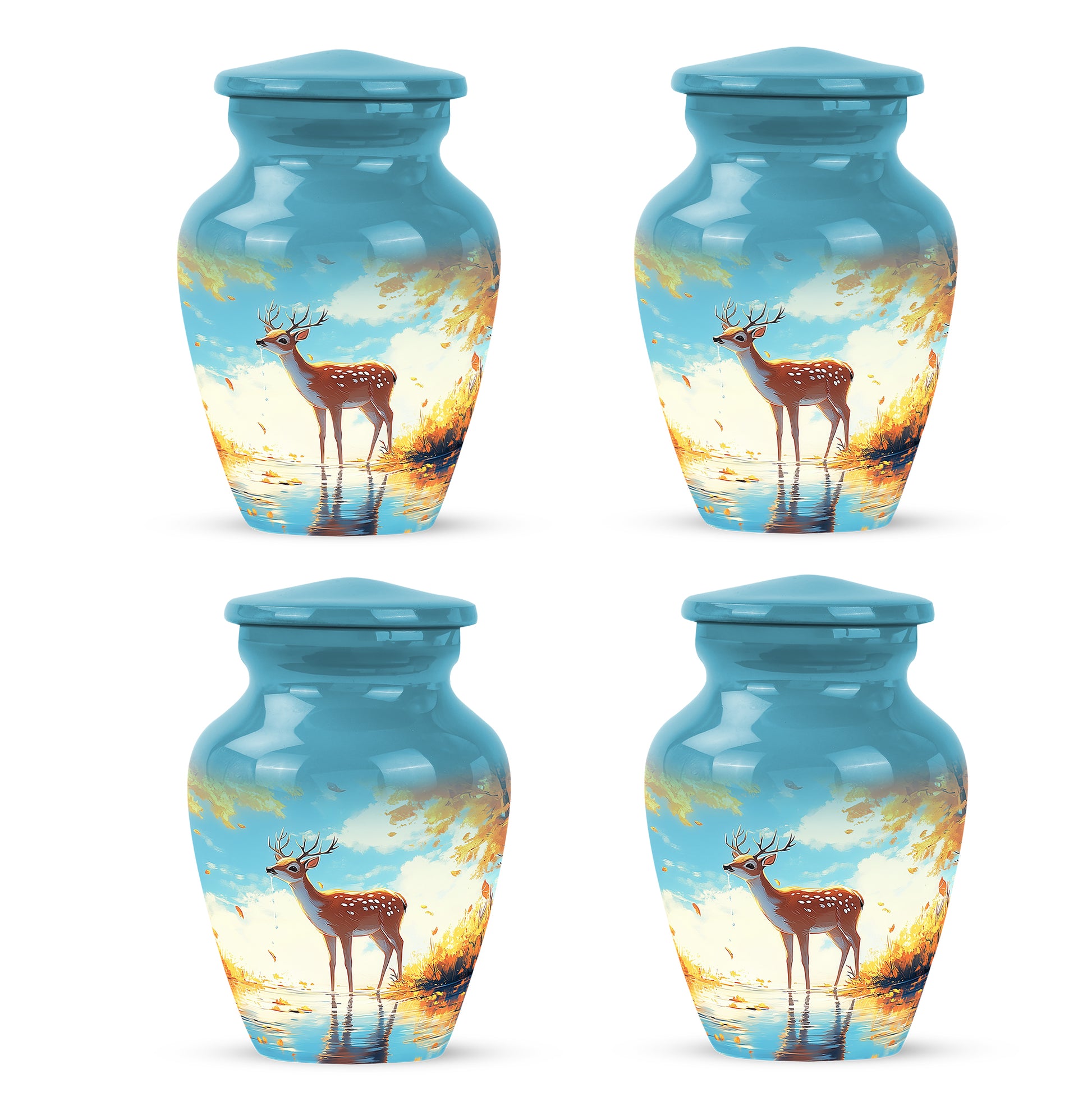 Vivid Teal Deer Cremation Urn side profile showing urn shape - elegant classic deer relief with fine detailing - 10 inch aluminum urn for cremated remains