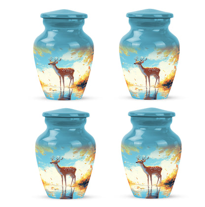 Vivid Teal Deer Cremation Urn side profile showing urn shape - elegant classic deer relief with fine detailing - 10 inch aluminum urn for cremated remains