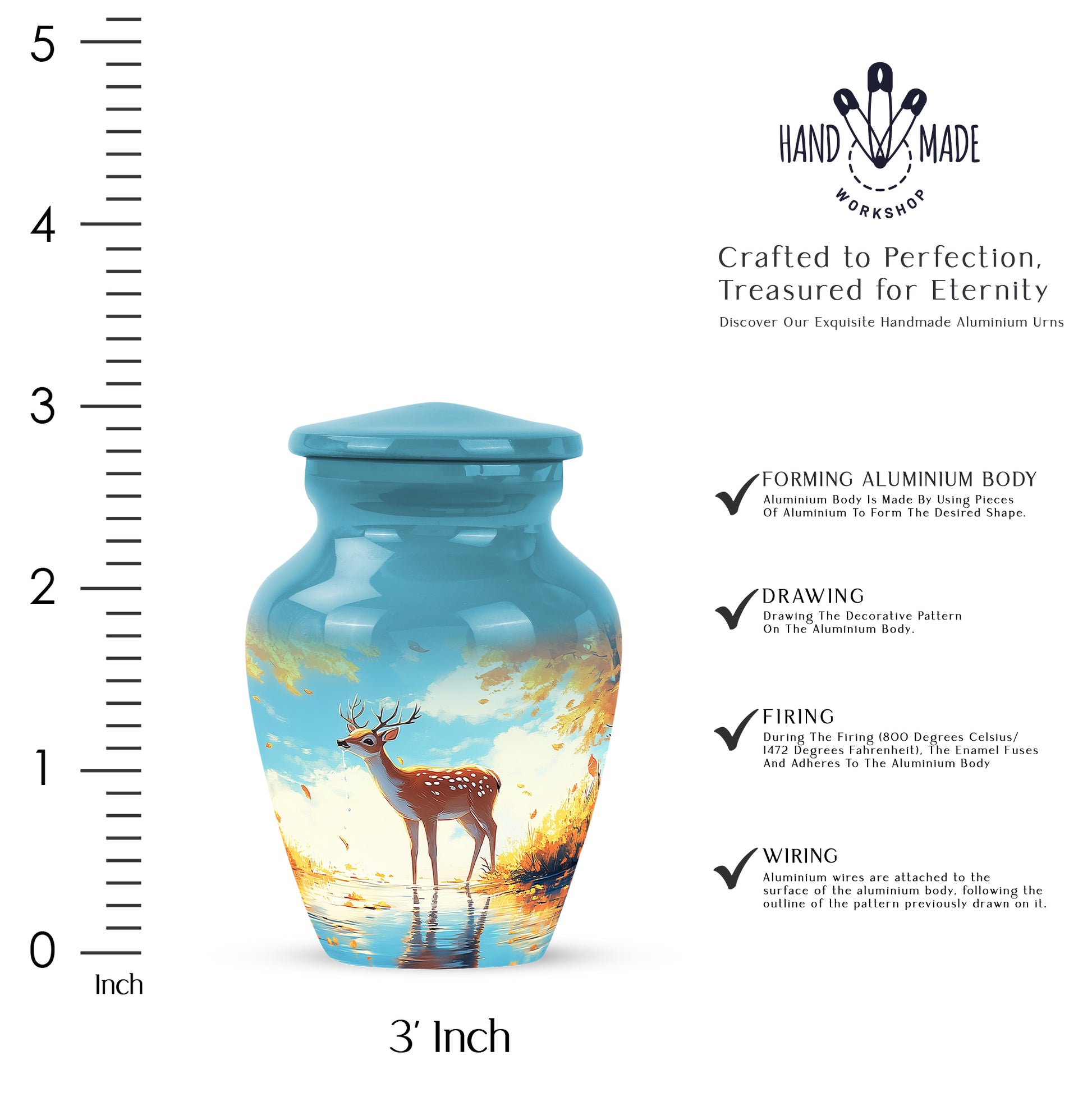 Sea Green Teal Deer Cremation Urn close-up of engraving and surface detail - classic sculpted deer pattern on smooth aluminum - mini keepsake memorial for portion of cremation ashes