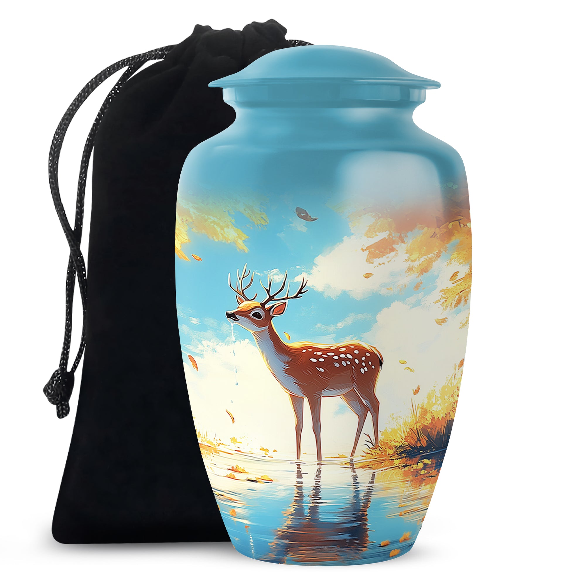 Aqua Teal Deer Cremation Urn angled view of lid and engraved motif - traditional deer engraving with hand-polished finish - full-size 10 inch 200 cubic inch adult cremation urn