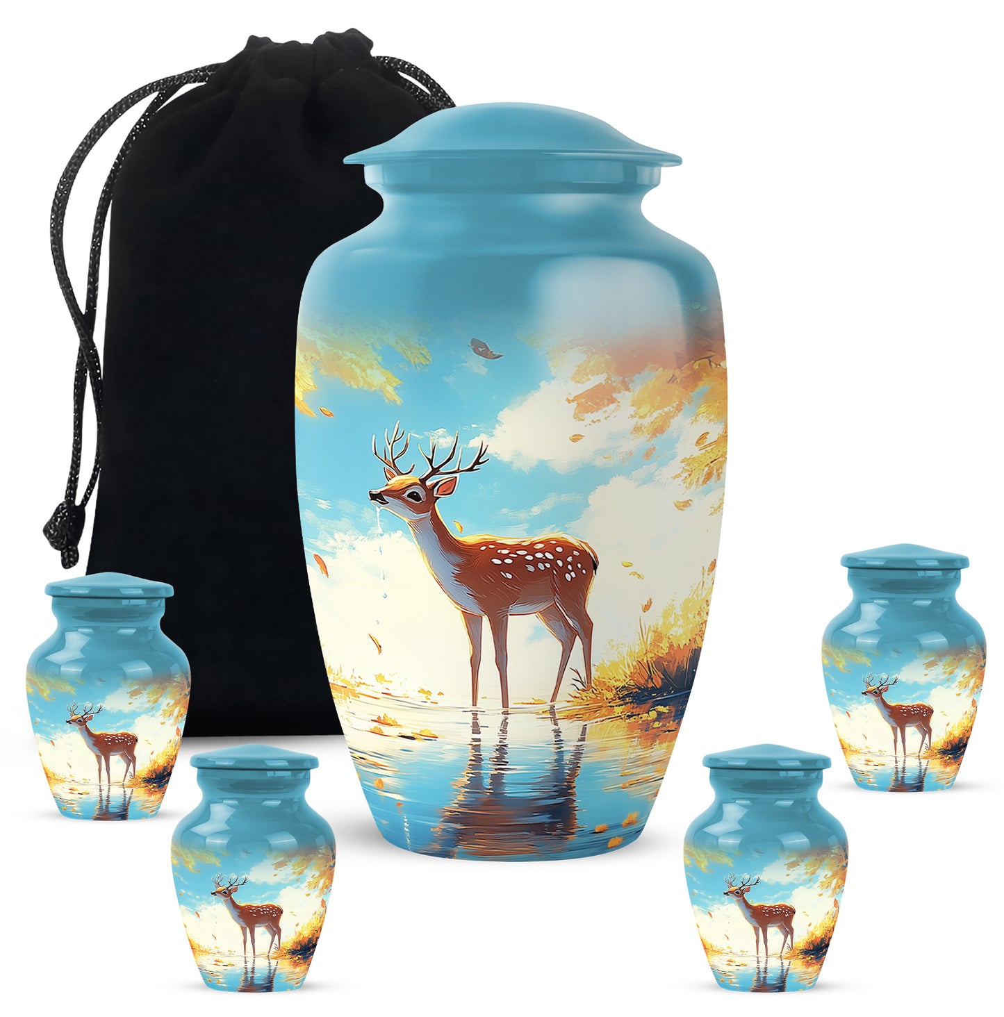 Ocean Teal Deer Cremation Urn top-down view of secure threaded lid - timeless deer motif etched into premium metal - memorial set with one large and four small urns