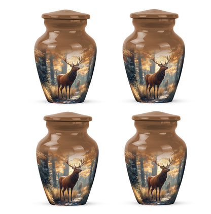Harvest Gold Deer Cremation Urn side profile showing urn shape - traditional deer engraving with hand-polished finish - 10 inch aluminum urn for cremated remains