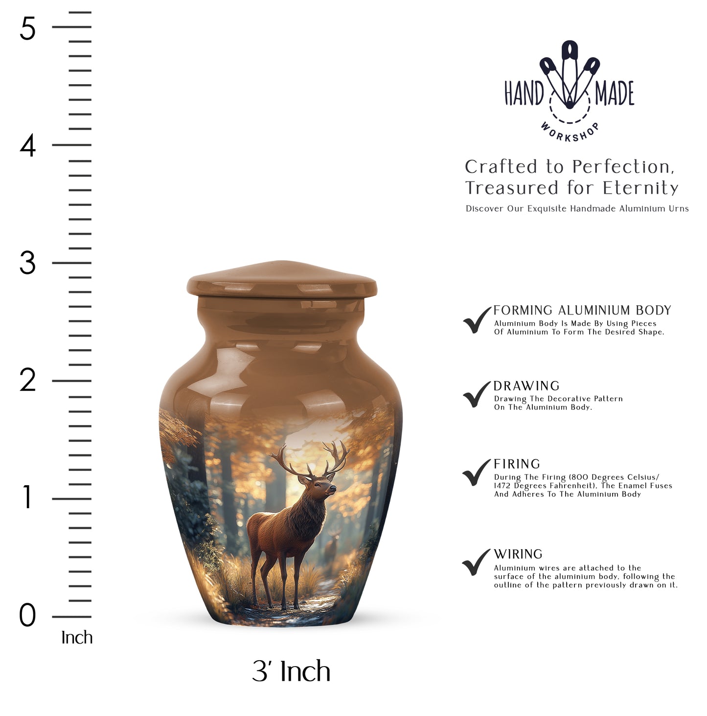 Champagne Gold Deer Cremation Urn close-up of engraving and surface detail - classic sculpted deer pattern on smooth aluminum - mini keepsake memorial for portion of cremation ashes