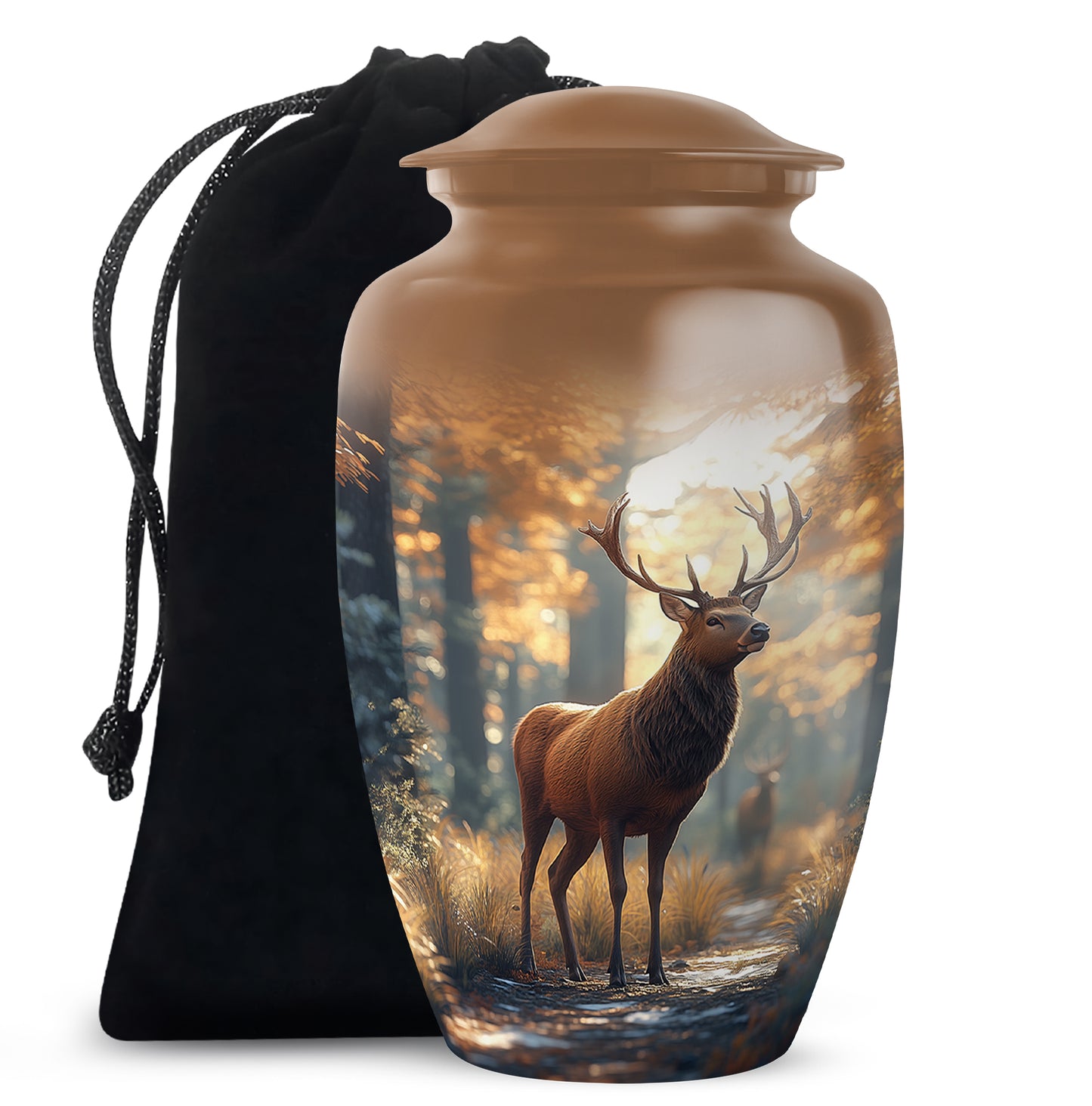 Sunrise Gold Deer Cremation Urn angled view of lid and engraved motif - timeless deer motif etched into premium metal - full-size 10 inch 200 cubic inch adult cremation urn