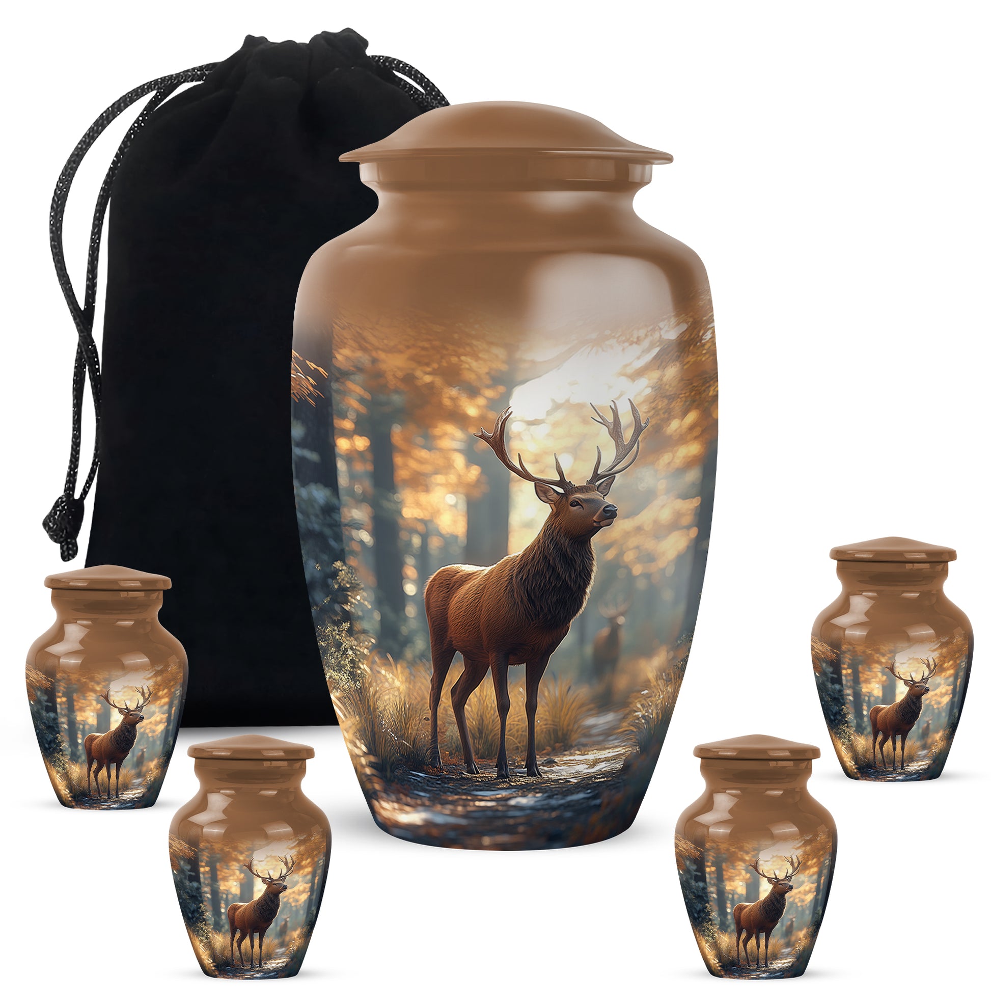 Gilded Gold Deer Cremation Urn top-down view of secure threaded lid - classic sculpted deer pattern on smooth aluminum - memorial set with one large and four small urns