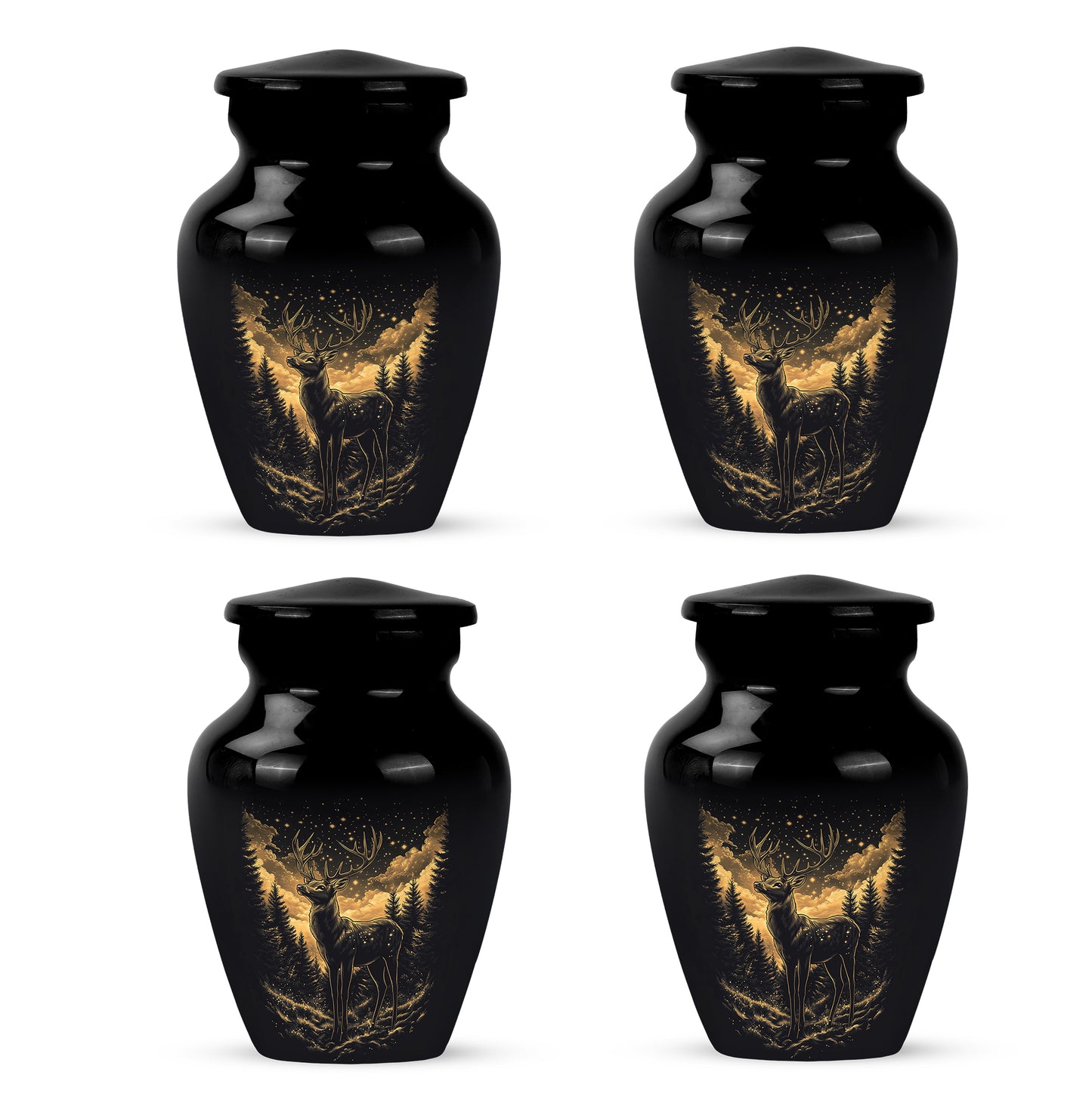 Glossy Black Deer Cremation Urn side profile showing urn shape - timeless deer motif etched into premium metal - 10 inch aluminum urn for cremated remains