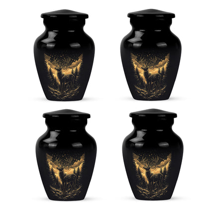 Glossy Black Deer Cremation Urn side profile showing urn shape - timeless deer motif etched into premium metal - 10 inch aluminum urn for cremated remains
