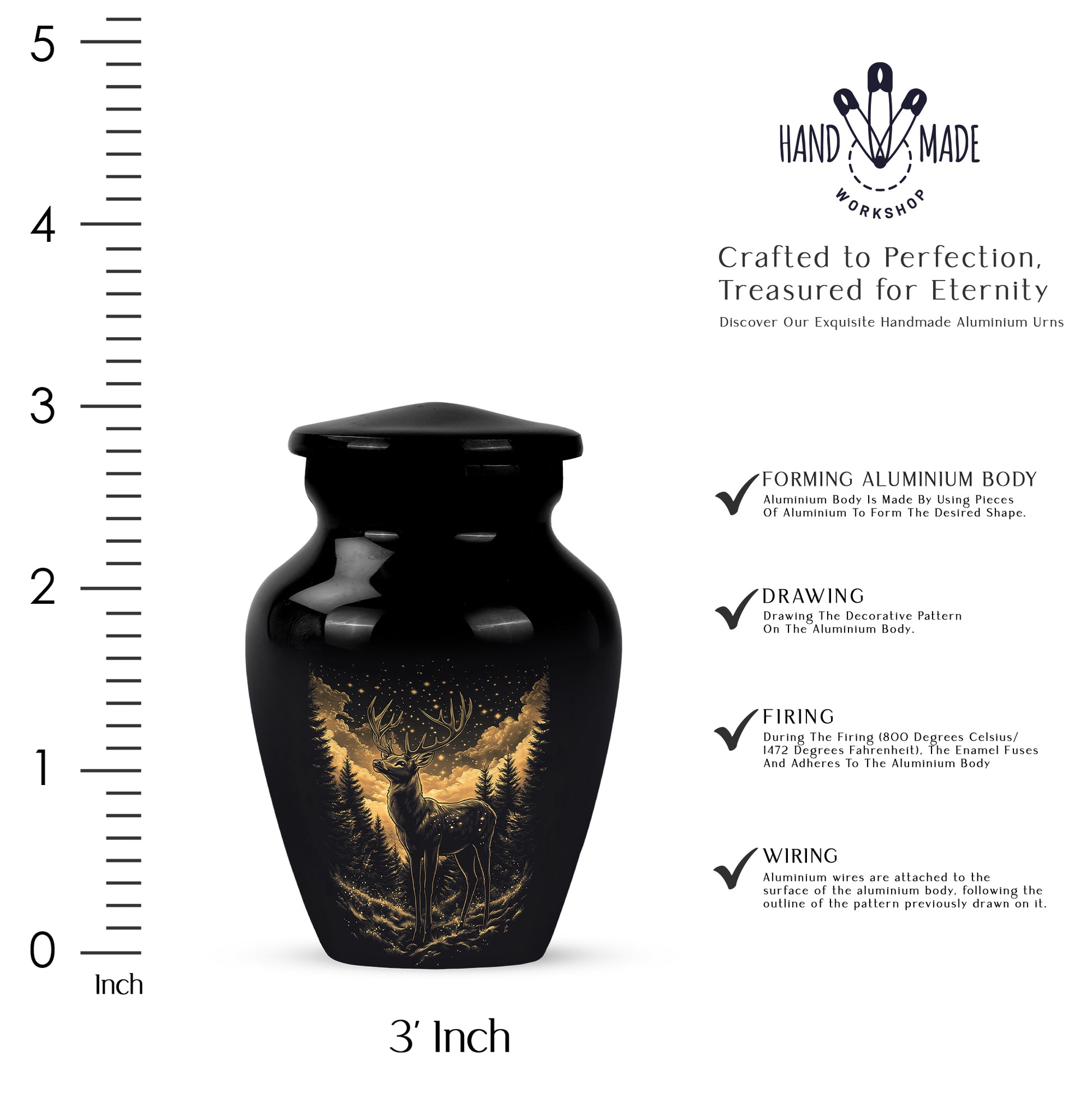 Onyx Black Deer Cremation Urn close-up of engraving and surface detail - traditional deer engraving with hand-polished finish - mini keepsake memorial for portion of cremation ashes