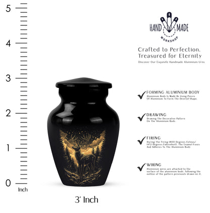 Onyx Black Deer Cremation Urn close-up of engraving and surface detail - traditional deer engraving with hand-polished finish - mini keepsake memorial for portion of cremation ashes