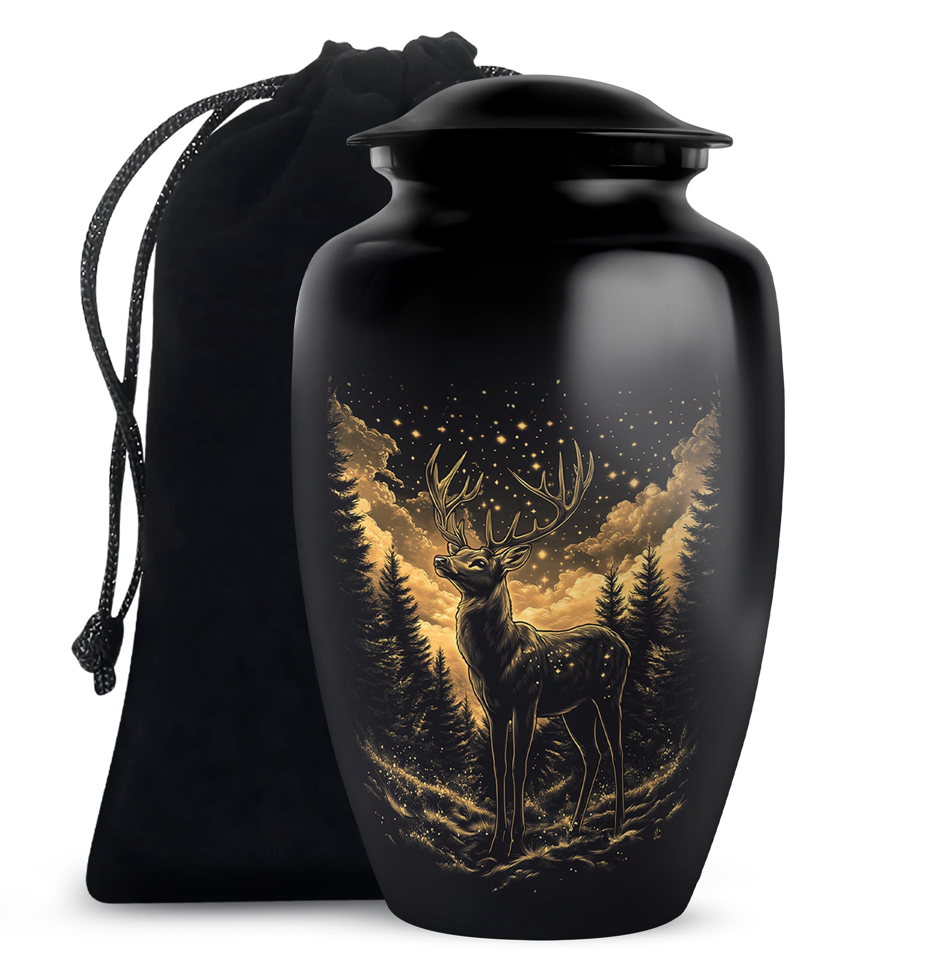 Dark Black Deer Cremation Urn angled view of lid and engraved motif - traditional deer engraving with hand-polished finish - full-size 10 inch 200 cubic inch adult cremation urn