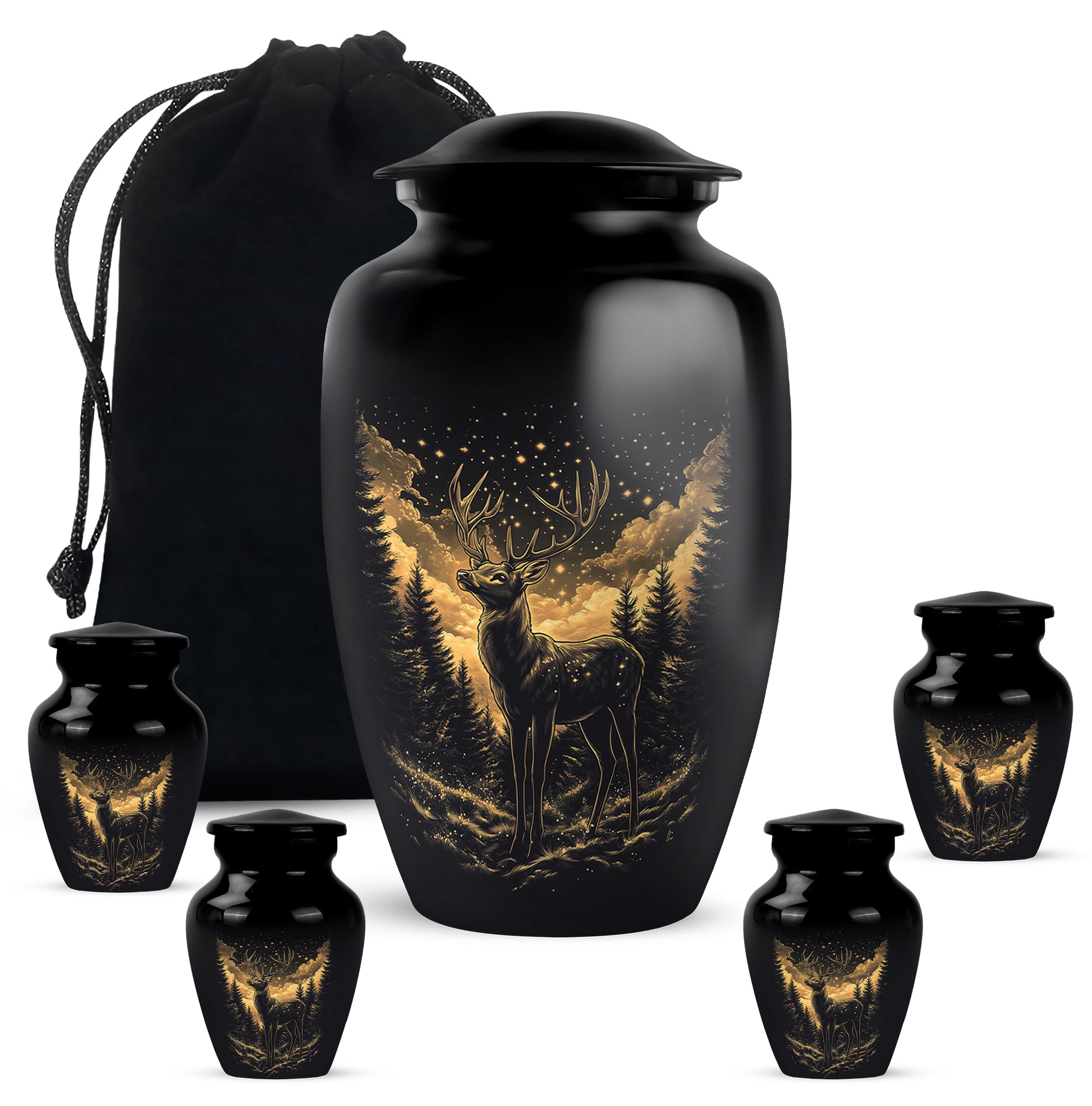 Dark Black Deer Cremation Urn top-down view of secure threaded lid - traditional deer engraving with hand-polished finish - memorial set with one large and four small urns