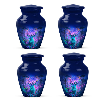 Pastel Blue Deer Cremation Urn side profile showing urn shape - classic sculpted deer pattern on smooth aluminum - 10 inch aluminum urn for cremated remains