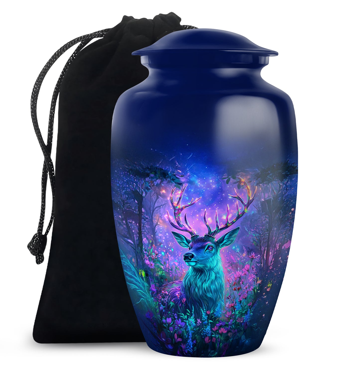 Vivid Blue Deer Cremation Urn angled view of lid and engraved motif - elegant classic deer relief with fine detailing - full-size 10 inch 200 cubic inch adult cremation urn