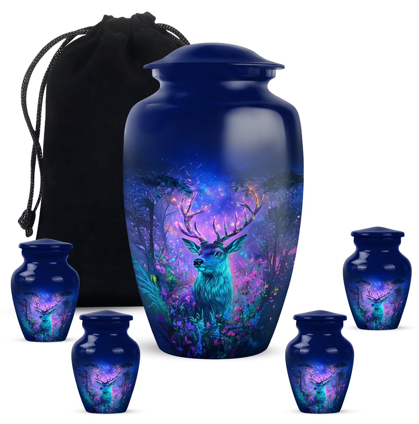 Royal Blue Deer Cremation Urn top-down view of secure threaded lid - elegant classic deer relief with fine detailing - memorial set with one large and four small urns