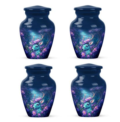 Icy Blue Deer Cremation Urn side profile showing urn shape - timeless deer motif etched into premium metal - 10 inch aluminum urn for cremated remains
