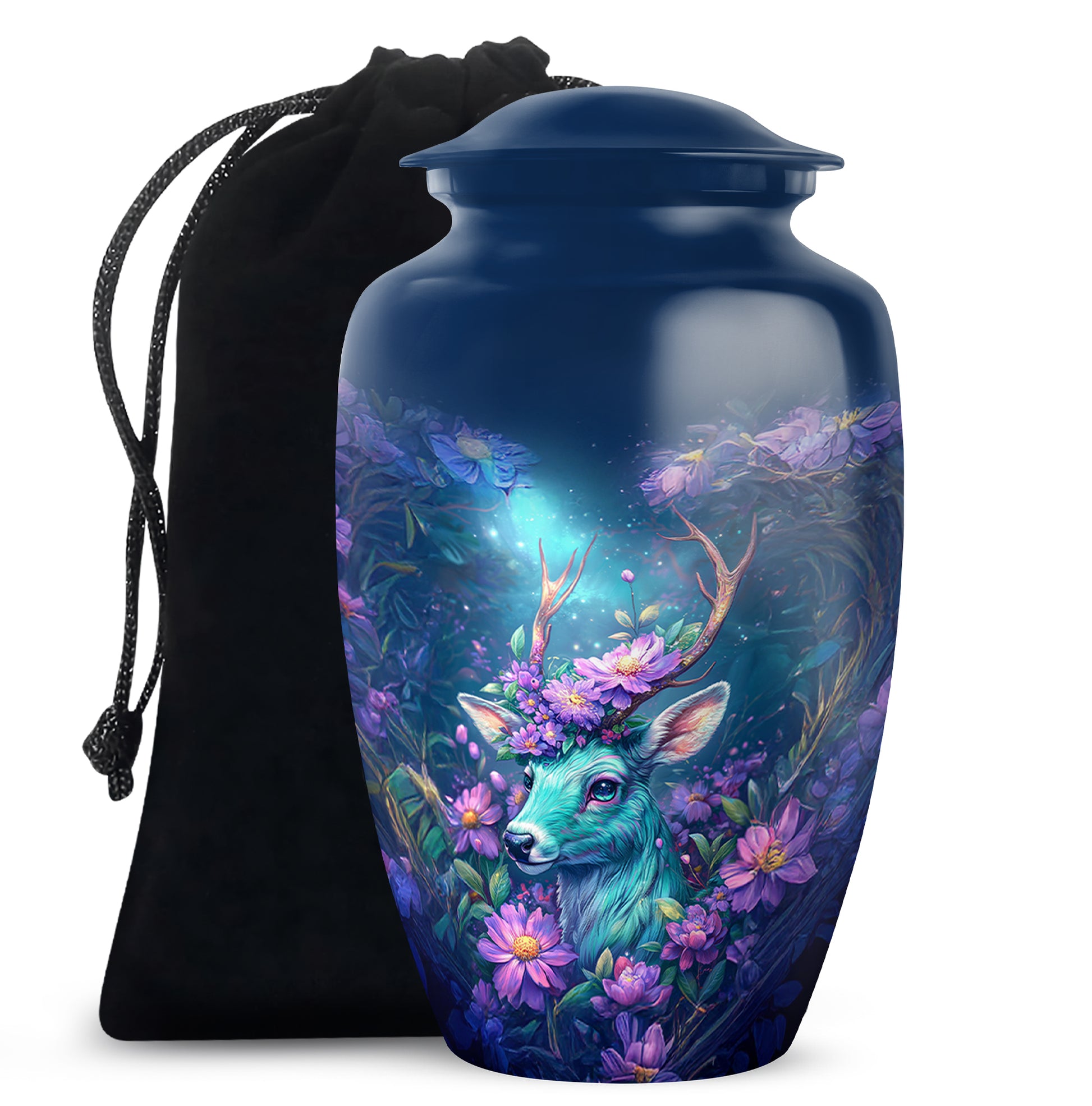 Bright Blue Deer Cremation Urn angled view of lid and engraved motif - elegant classic deer relief with fine detailing - full-size 10 inch 200 cubic inch adult cremation urn