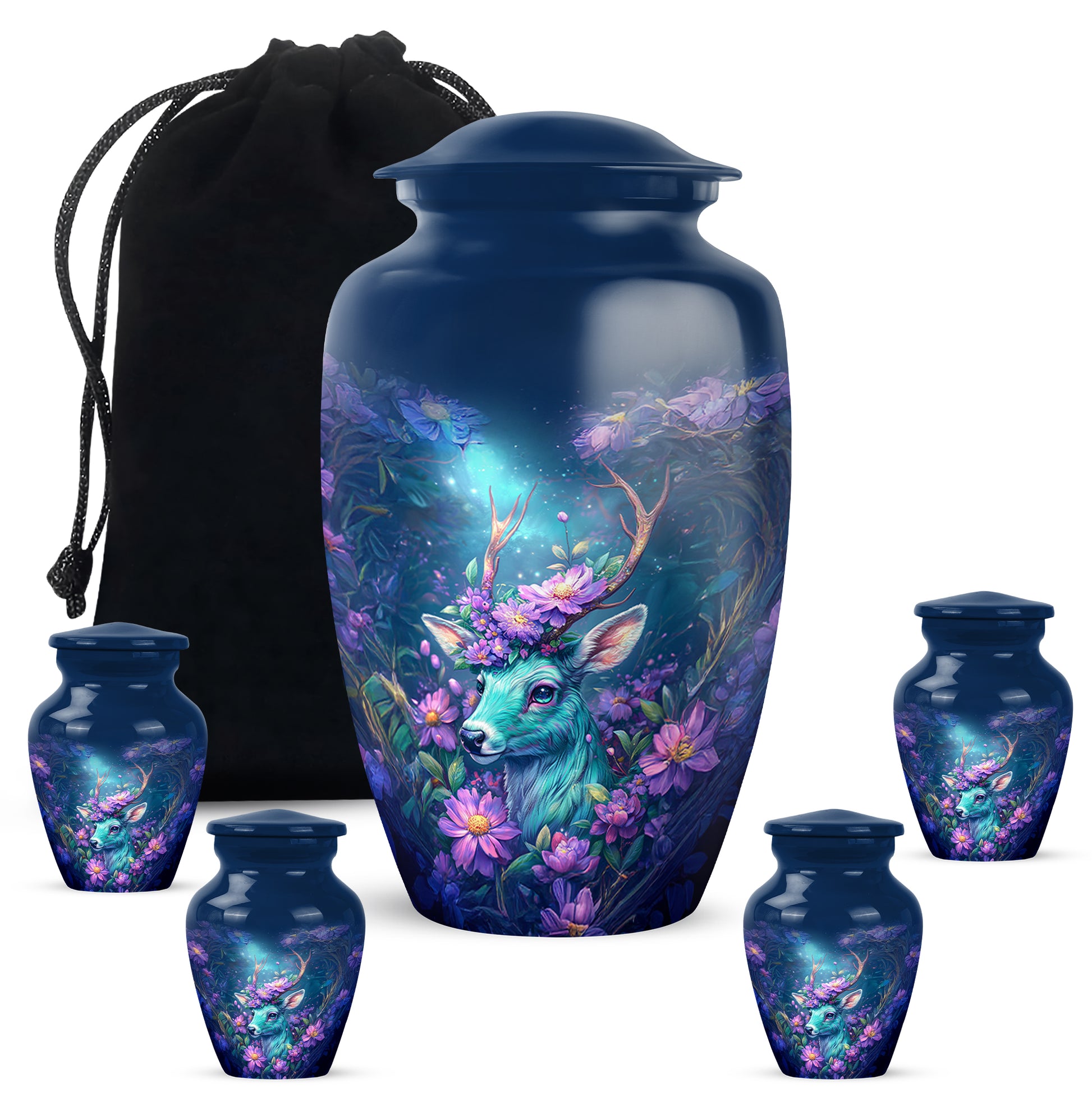 Misty Blue Deer Cremation Urn top-down view of secure threaded lid - classic sculpted deer pattern on smooth aluminum - memorial set with one large and four small urns