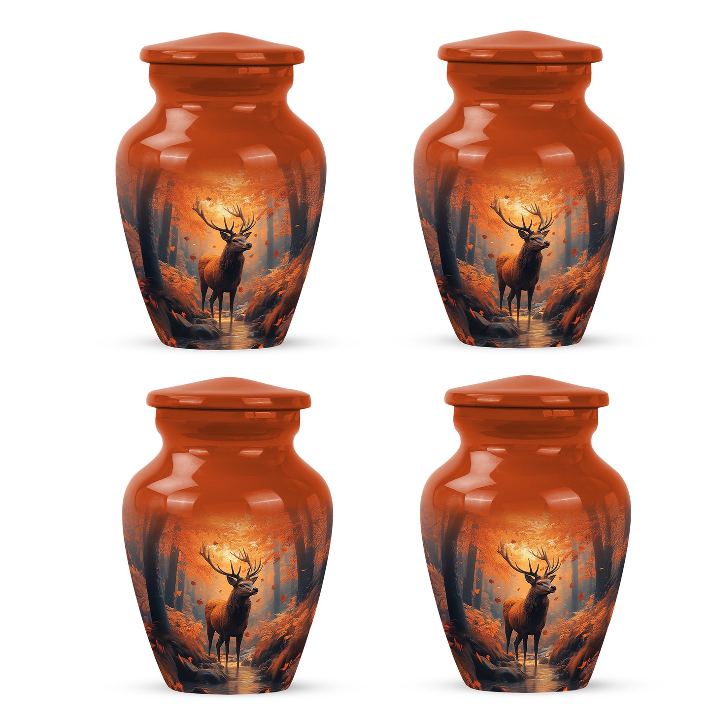 Sunrise Gold Deer Cremation Urn side profile showing urn shape - timeless deer motif etched into premium metal - 10 inch aluminum urn for cremated remains