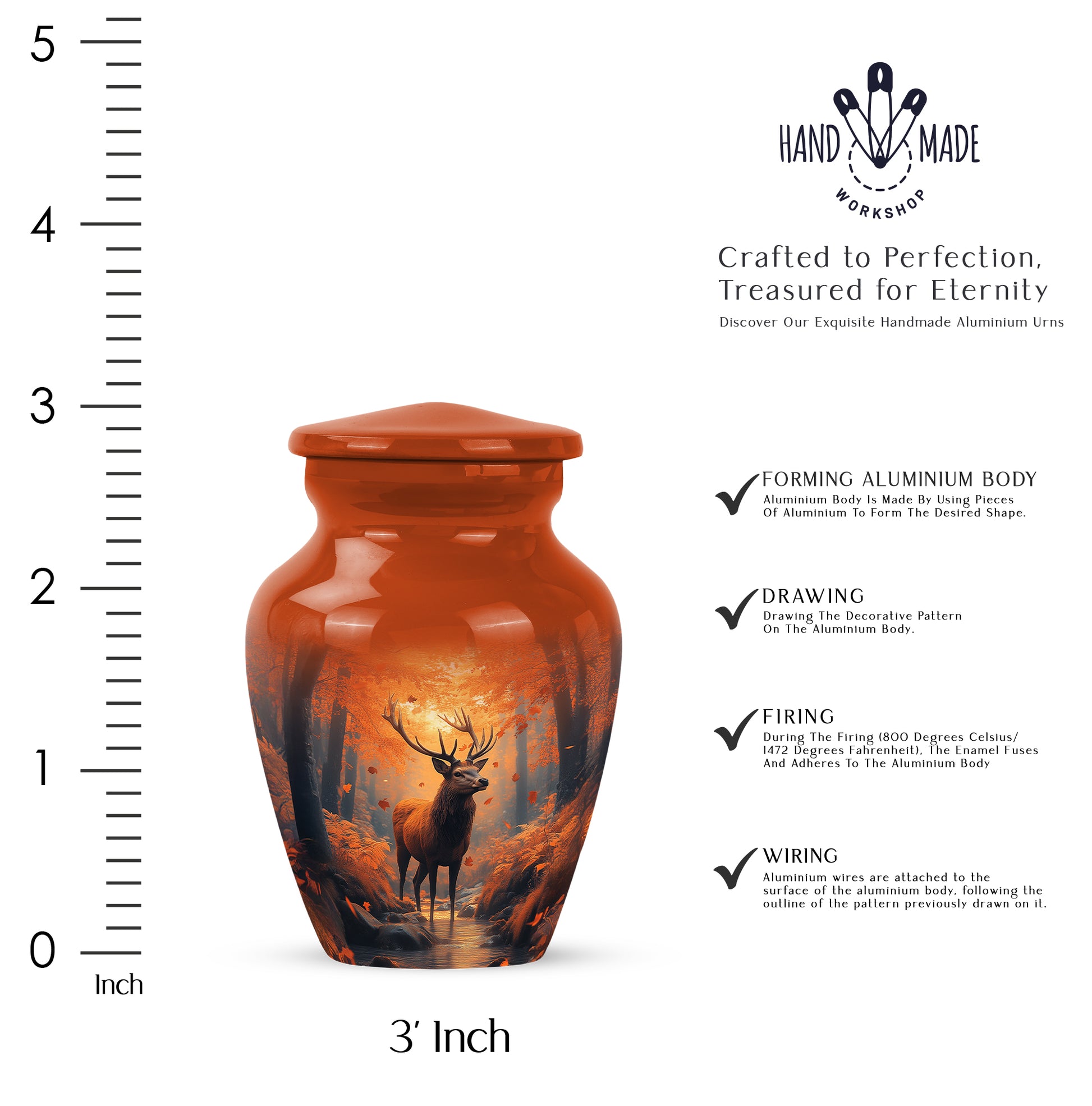Matte Gold Deer Cremation Urn close-up of engraving and surface detail - traditional deer engraving with hand-polished finish - mini keepsake memorial for portion of cremation ashes