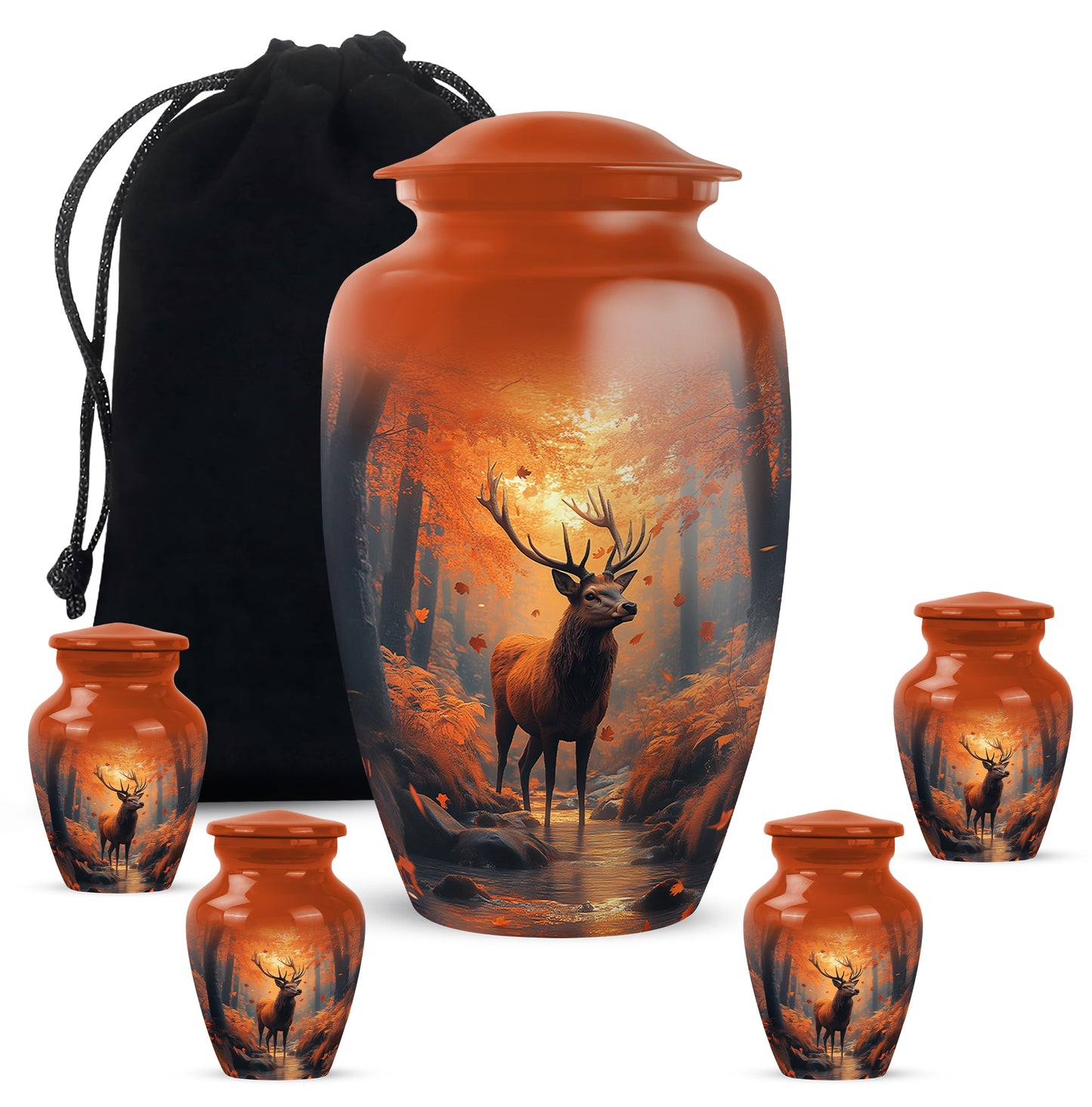 Warm Gold Deer Cremation Urn top-down view of secure threaded lid - elegant classic deer relief with fine detailing - memorial set with one large and four small urns