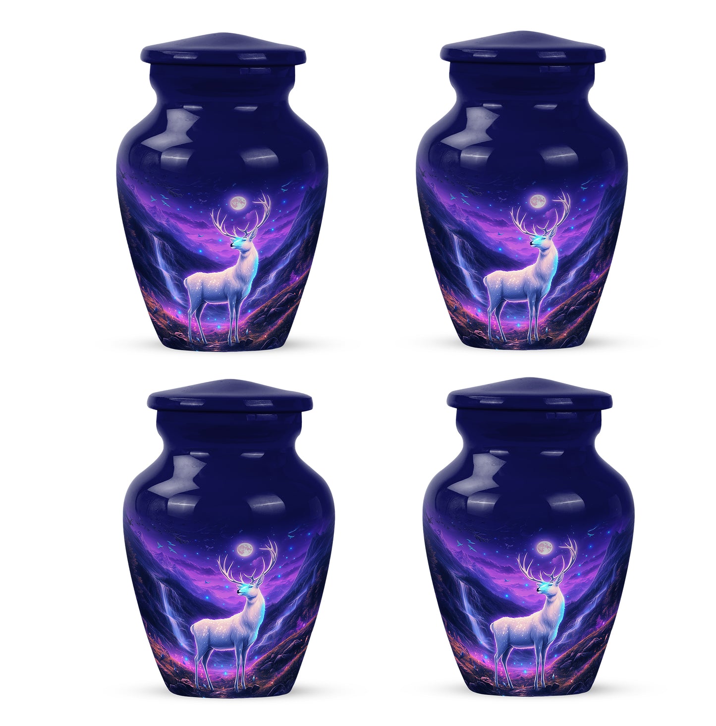 Calming Blue Deer Cremation Urn side profile showing urn shape - traditional deer engraving with hand-polished finish - 10 inch aluminum urn for cremated remains