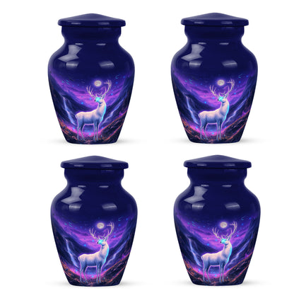 Calming Blue Deer Cremation Urn side profile showing urn shape - traditional deer engraving with hand-polished finish - 10 inch aluminum urn for cremated remains