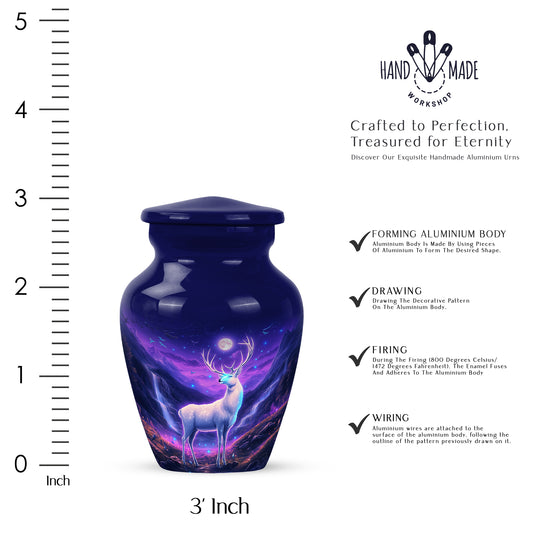 Bright Blue Deer Cremation Urn close-up of engraving and surface detail - traditional deer engraving with hand-polished finish - mini keepsake memorial for portion of cremation ashes