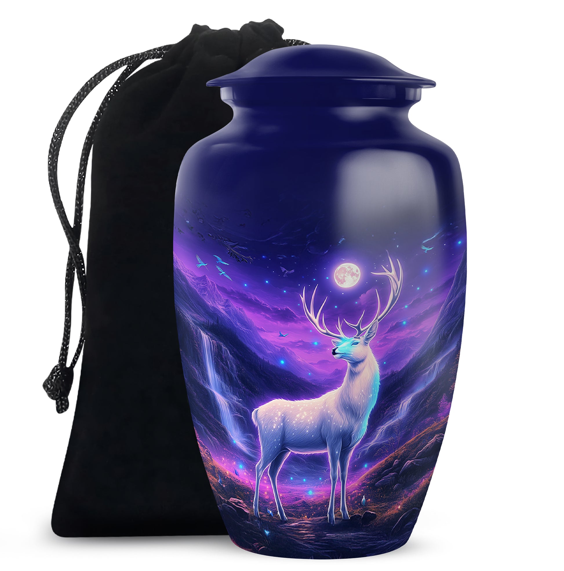 Bright Blue Deer Cremation Urn angled view of lid and engraved motif - traditional deer engraving with hand-polished finish - full-size 10 inch 200 cubic inch adult cremation urn