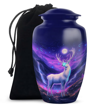 Bright Blue Deer Cremation Urn angled view of lid and engraved motif - traditional deer engraving with hand-polished finish - full-size 10 inch 200 cubic inch adult cremation urn