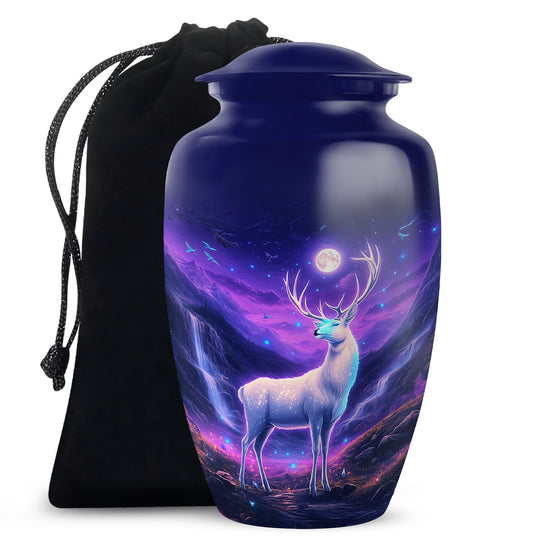 Bright Blue Deer Cremation Urn angled view of lid and engraved motif - traditional deer engraving with hand-polished finish - full-size 10 inch 200 cubic inch adult cremation urn