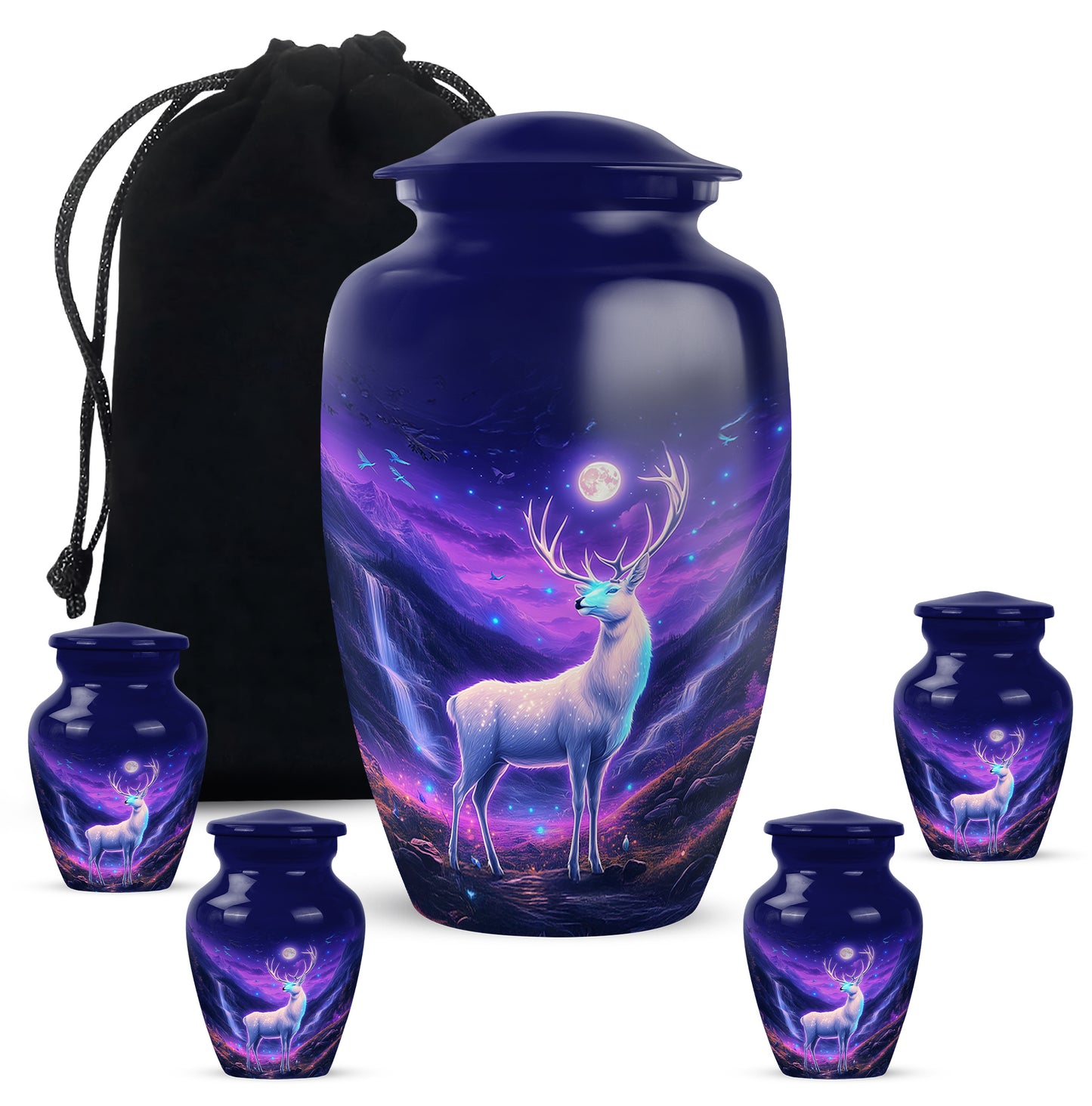 Cobalt Blue Deer Cremation Urn top-down view of secure threaded lid - traditional deer engraving with hand-polished finish - memorial set with one large and four small urns